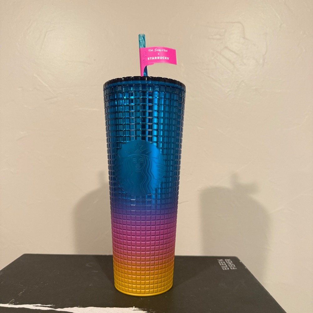 Starbucks Tumbler Unisex 24oz Blue Pink Ombre Like New Tim Singleton Grid Pride